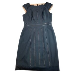 Adrianna Papell Black Sheath Dress Ladder Lace Inset Cap Sleeve Size 12